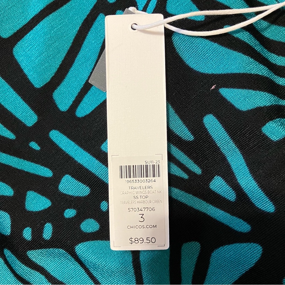 Chico's Travelers short-sleeve crewneck Green/Black pattern slinky Top Sz XL NWT - Picture 6 of 7